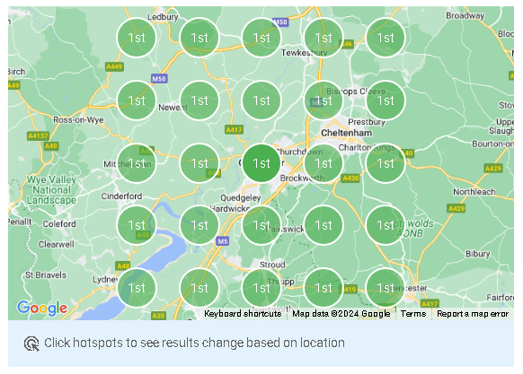 A map highlighting multiple "1st" locations around Cheltenham, UK, showcases client success stories, illustrating a series of achievements in the area.