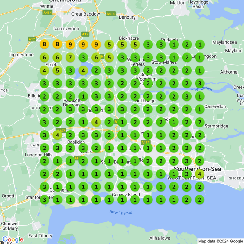 A weather map displaying air quality index levels in South East England, reminiscent of client success stories: ranging from 1 (good) in green to 9 (poor) in orange and dark yellow, illustrating a journey towards improvement.