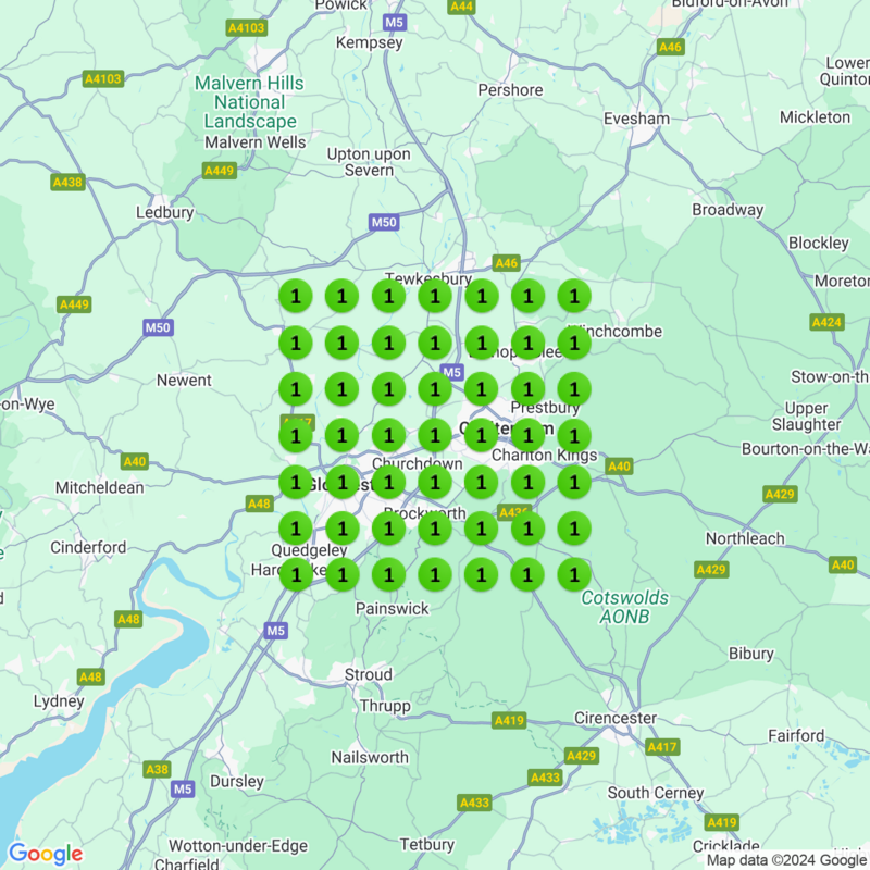 A map highlighting numerous locations marked with green circles labeled 'one' covers Cheltenham, Gloucester, and surrounding regions, illustrating our client success stories across these areas.