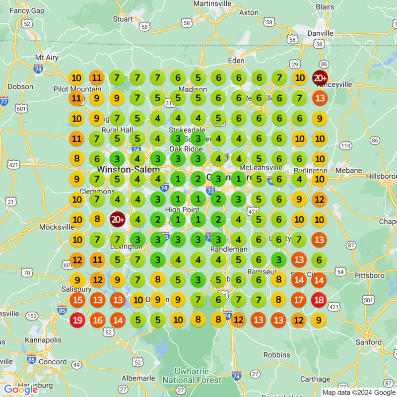 A color-coded grid map illustrates client success stories with numbered circles representing different values across various locations in North Carolina.