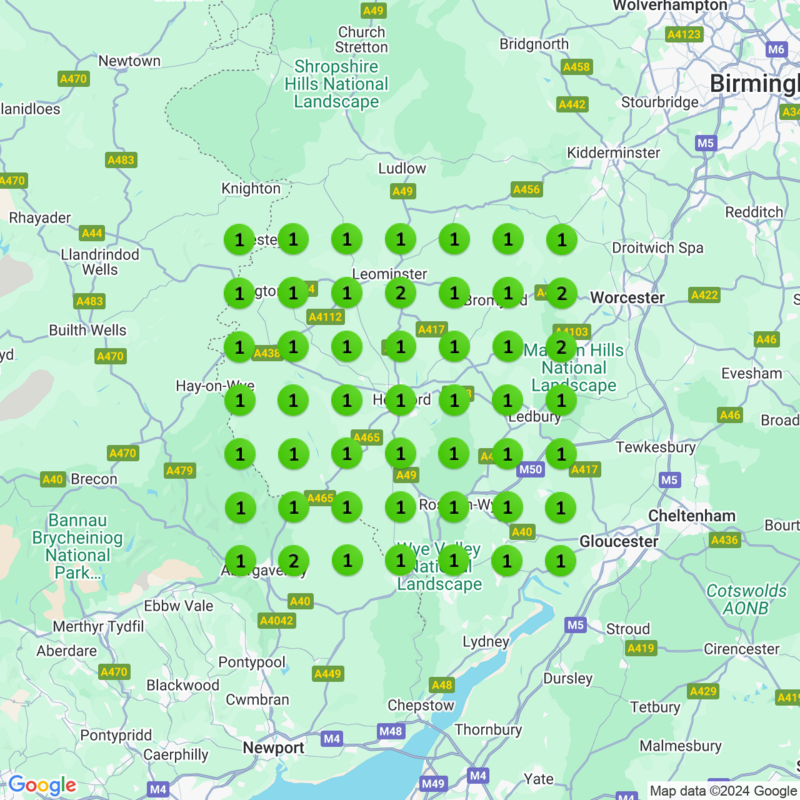 Map of Herefordshire, UK with green numbered markers indicating locations. Roads, towns, and nearby landmarks are labeled, highlighting client success stories across the region.